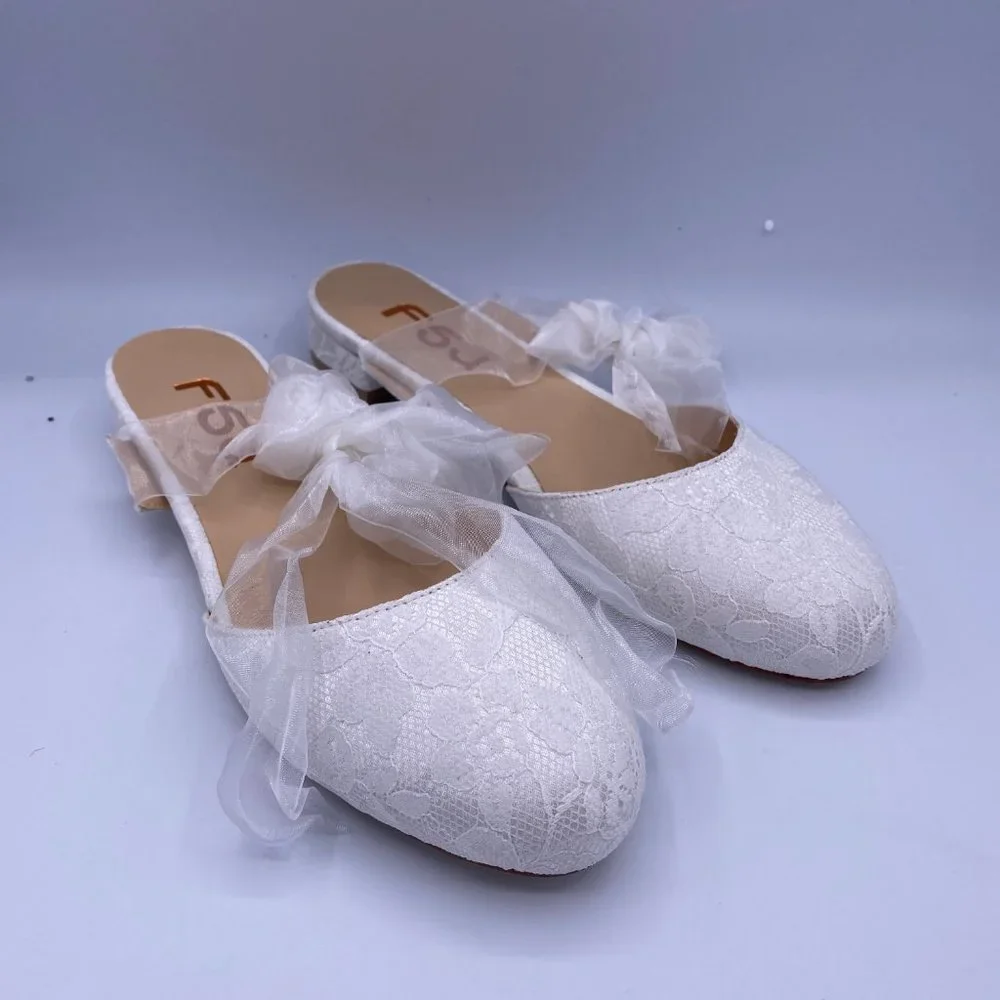 FSJ White Round Toe Low Heels Flat Lace Up Wedding - Picture 4 of 8